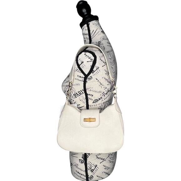 Pretty Simple Cream Vegan Leather Bamboo Shoulder Bag - Picture 2 of 14